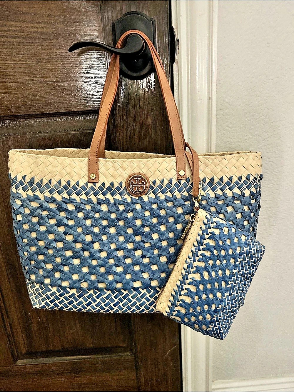 Tory Burch Ella Straw Basket Tote Blue & Tan - Picture 2 of 9